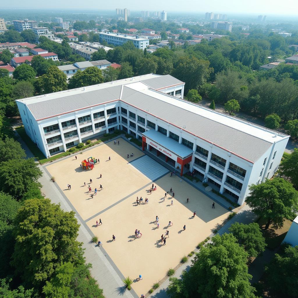 Toàn cảnh sân trường Trường Tiểu học Yên Thế 2 với nhiều cây xanh và khu vui chơi hiện đại cho học sinh.